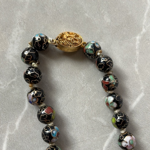 Sale! Vintage Cloisonné statement beaded necklace black bead statement jewelry - Picture 2 of 9